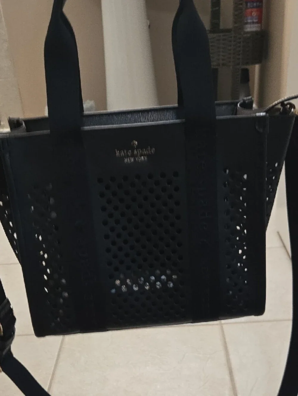 kate spade Black Perforated Tote with Removable Strap NWT